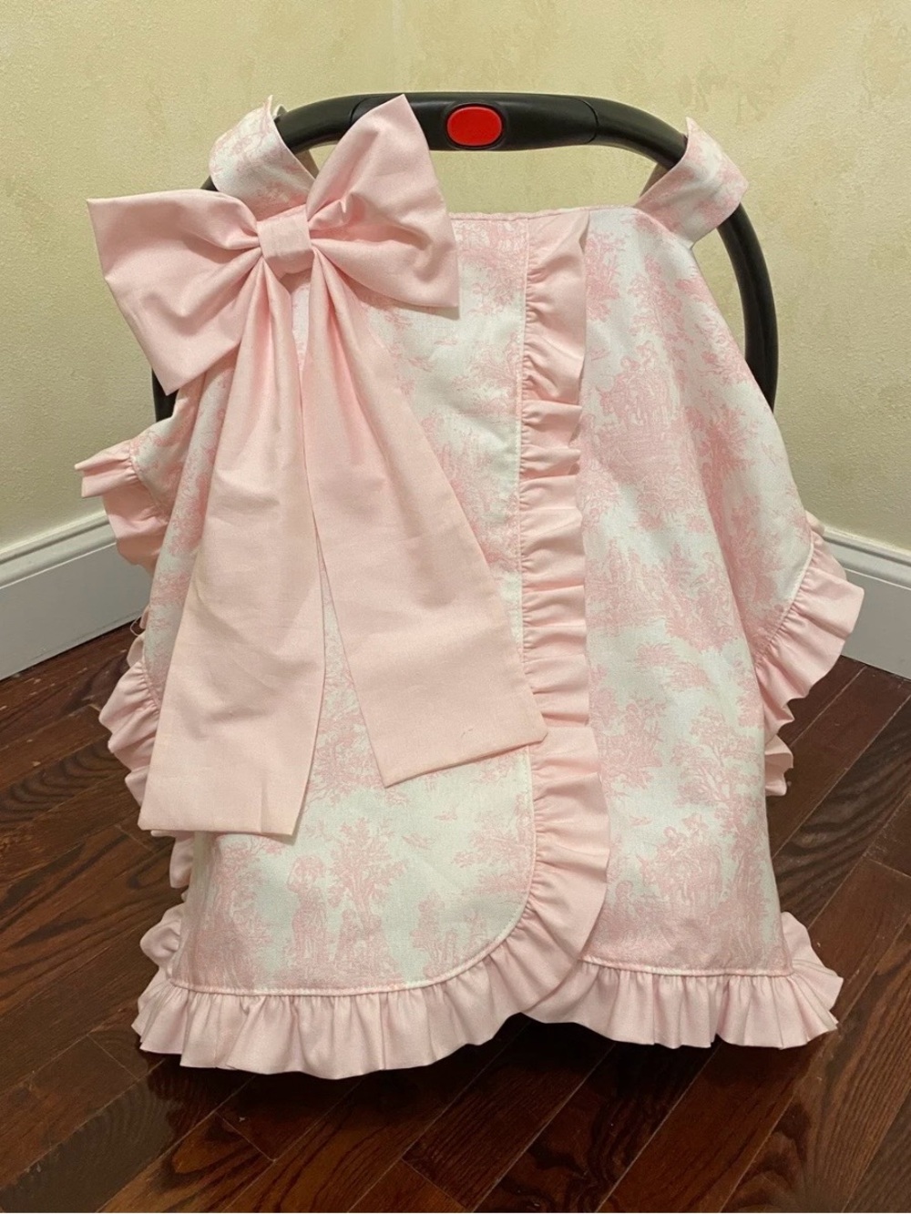 Pink Toile Ruffle Car Seat Canopy with Large Bow - Baby Accessories